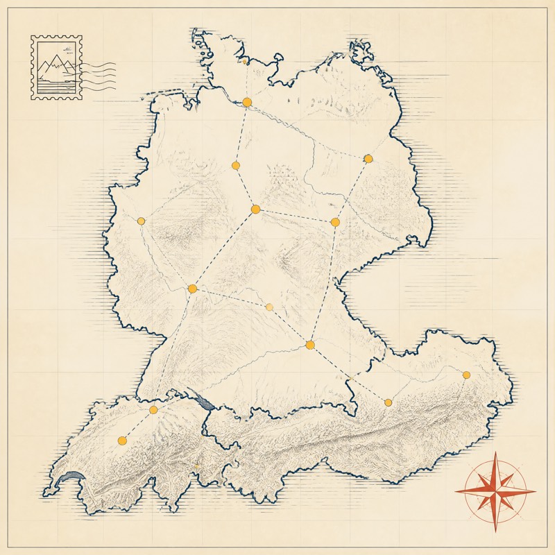 Illustrierte Karte von Deutschland, Österreich und der Schweiz mit Postleitzahlen-Regionen